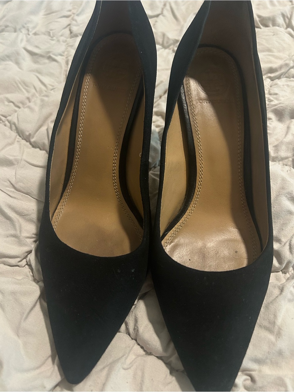 Tory Burch Black Suede High Heels with Gold Logo Accent